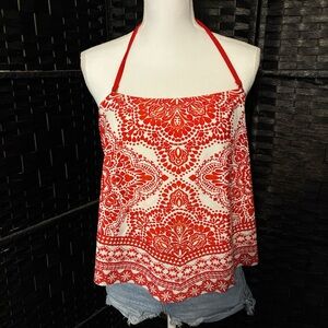 Kona Sol Red and White Patterned Halter Bikini Top